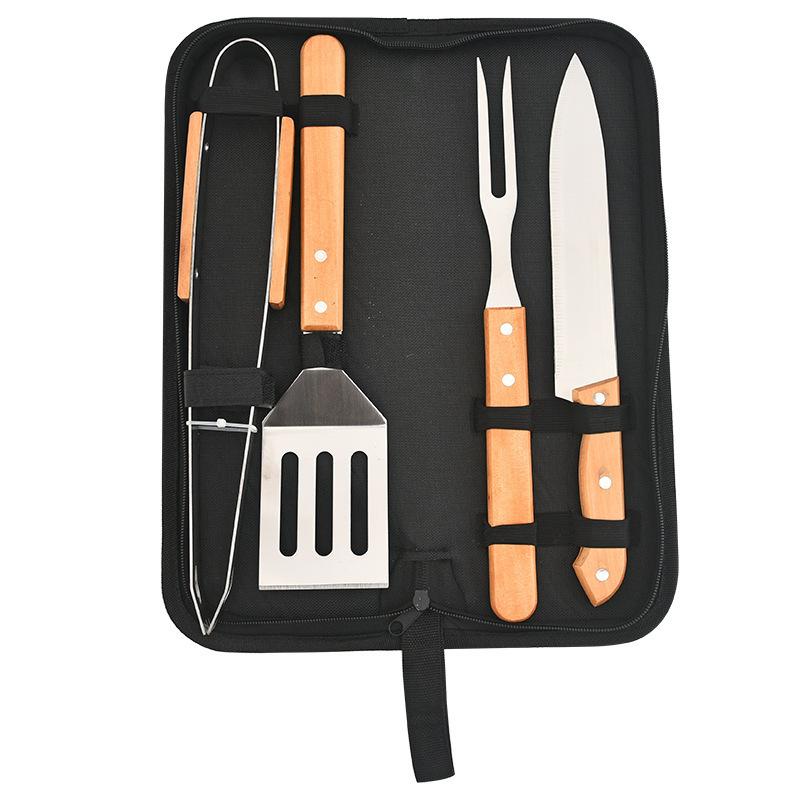 Stainless Steel BBQ Grilling Tool Set with Wooden Handles