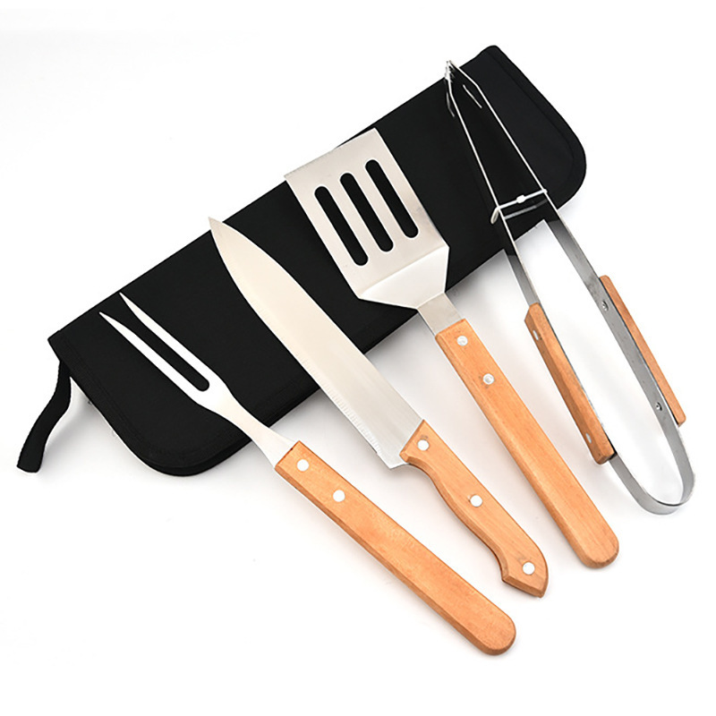 Stainless Steel BBQ Grilling Tool Set with Wooden Handles