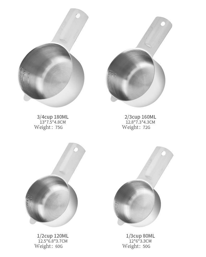Stainless Steel Measuring Cups Set (1, 3/4, 2/3, 1/2, 1/3, 1/4 Cup)