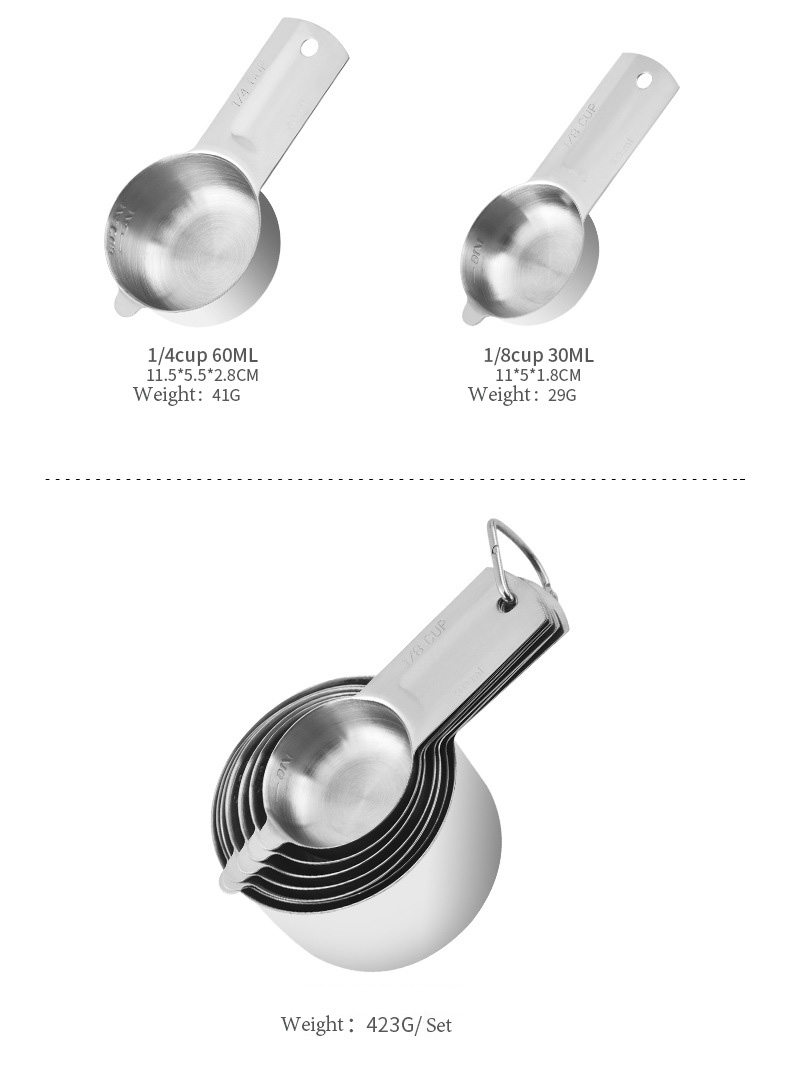 Stainless Steel Measuring Cups Set (1, 3/4, 2/3, 1/2, 1/3, 1/4 Cup)