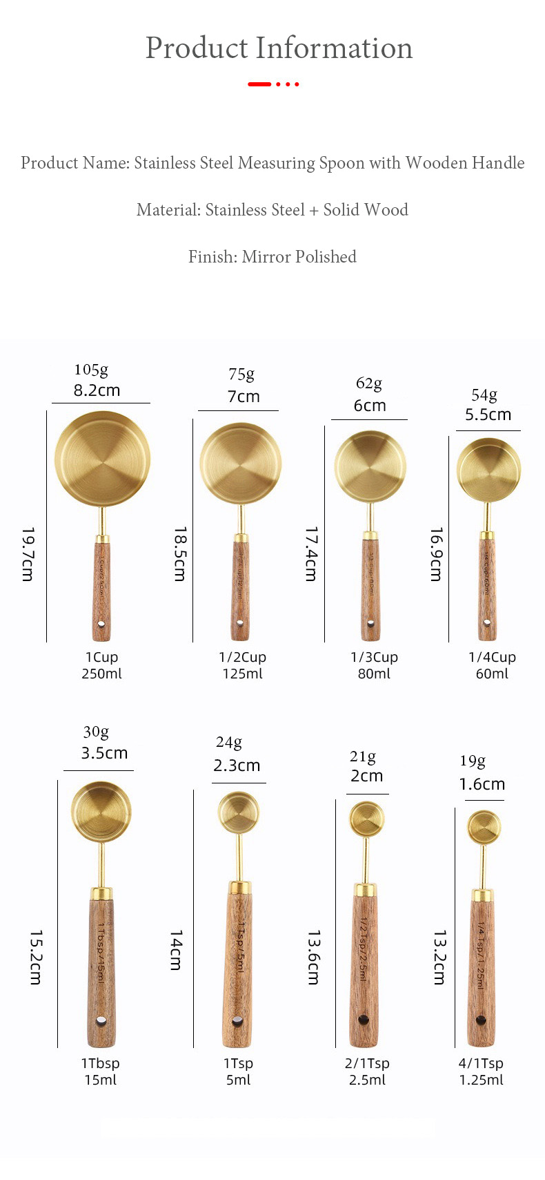 Golden Stainless Steel Measuring Cups and Spoons 8-Piece Set, Wooden Handle
