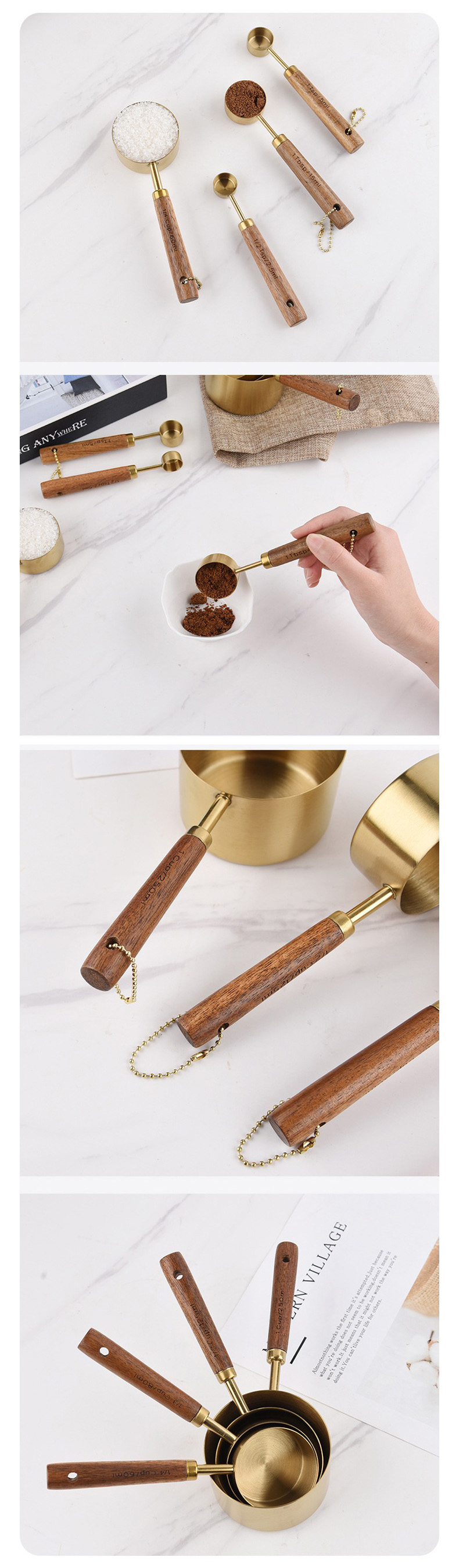 Golden Stainless Steel Measuring Cups and Spoons 8-Piece Set, Wooden Handle