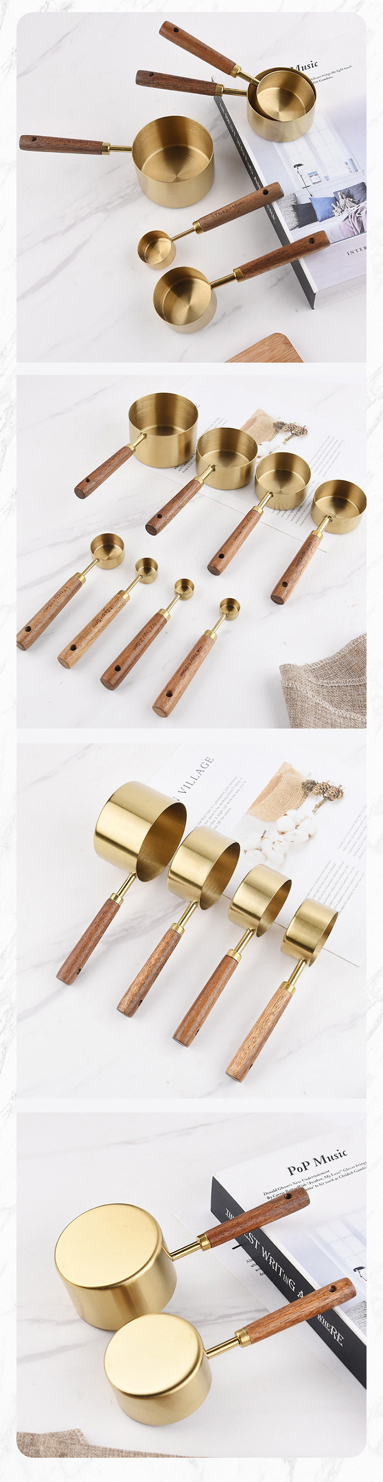 Golden Stainless Steel Measuring Cups and Spoons 8-Piece Set, Wooden Handle