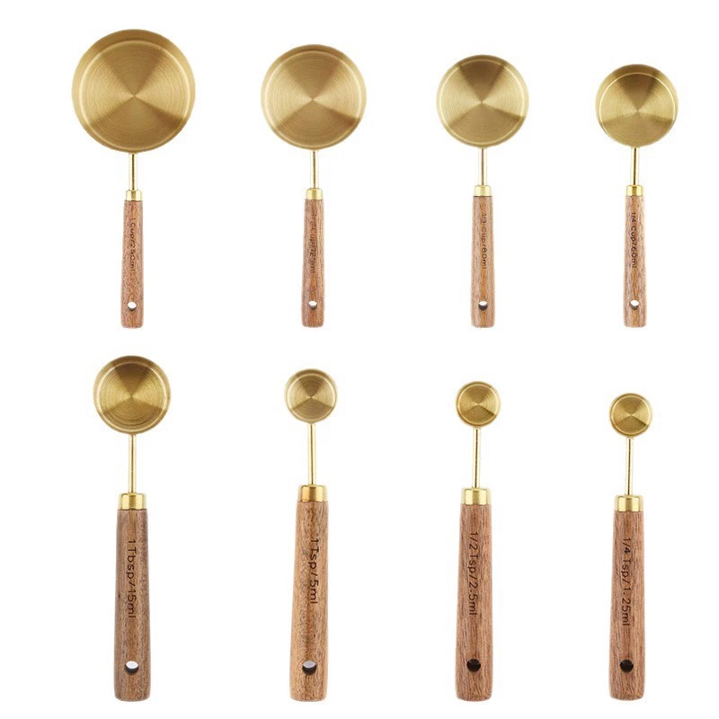 Golden Stainless Steel Measuring Cups and Spoons 8-Piece Set, Wooden Handle