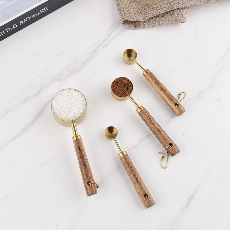 Golden Stainless Steel Measuring Cups and Spoons 8-Piece Set, Wooden Handle
