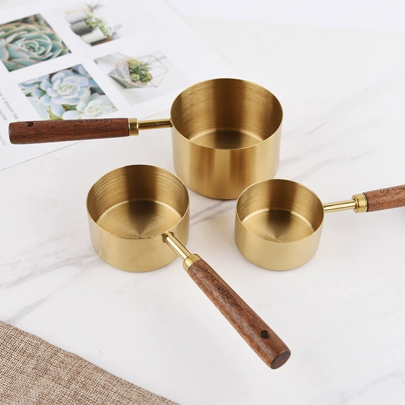 Golden Stainless Steel Measuring Cups and Spoons 8-Piece Set, Wooden Handle
