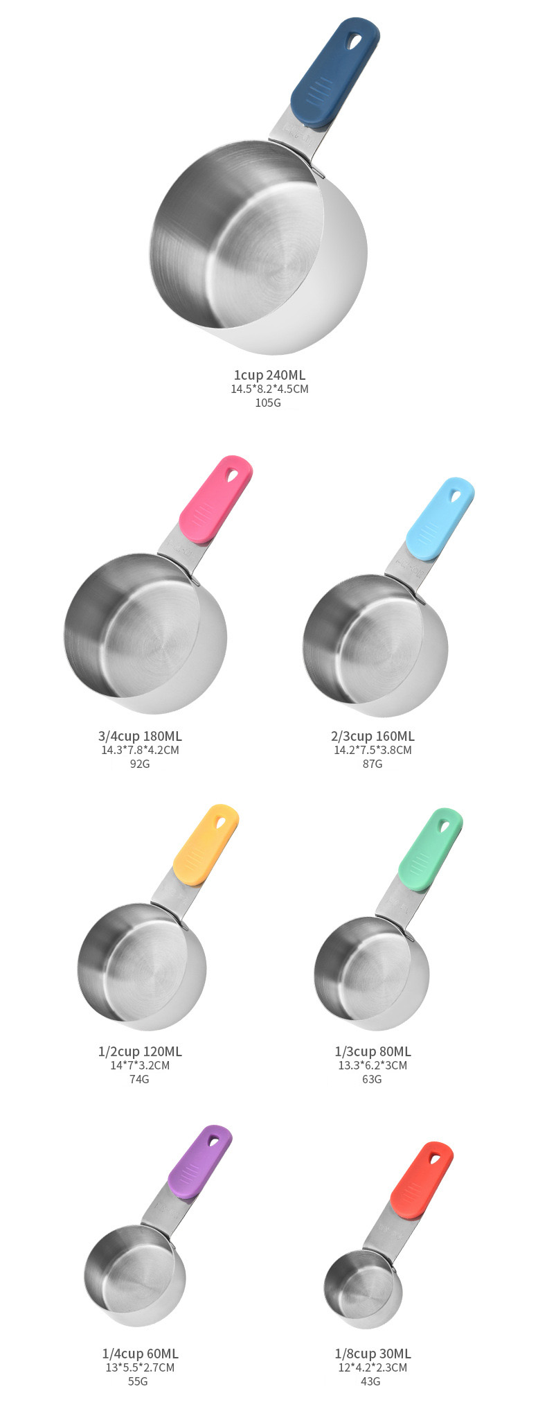 Colorful Handle Magnetic Stainless Steel Measuring Cups and Spoons Set with Scale Markings