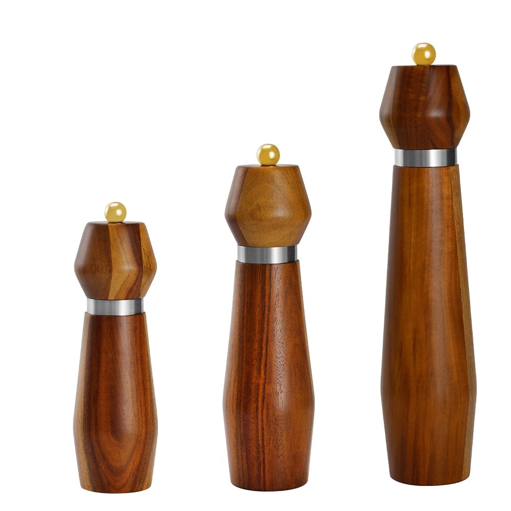 Solid Wood Pepper Mill with Steel Ring, Manual Black Pepper Grinder