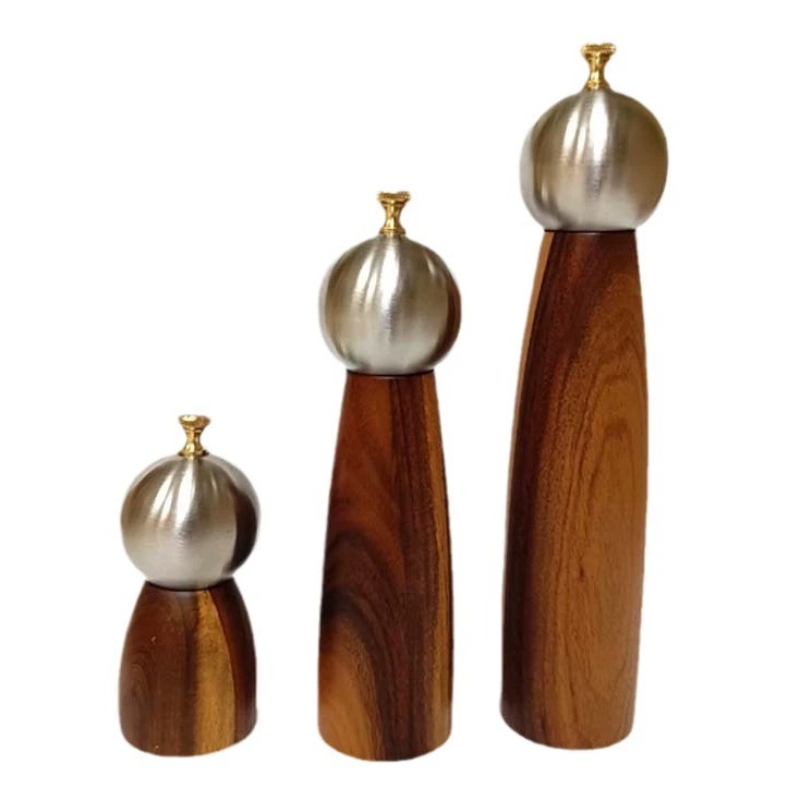 Stainless Steel Head Wooden Body Pepper Mill with Golden Cap